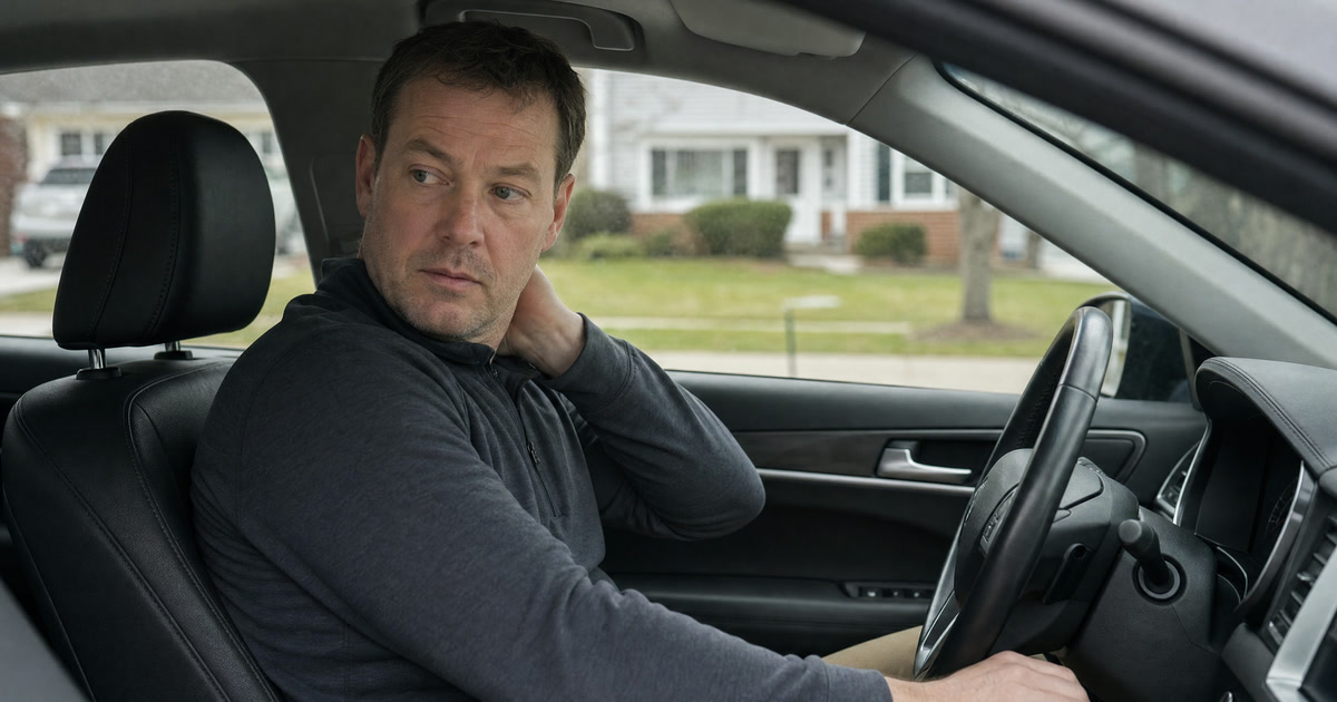 A man in a parked car in a Bowie, MD driveway holding the back of his stiff neck as he turns to check his blind spot, days after a car accident