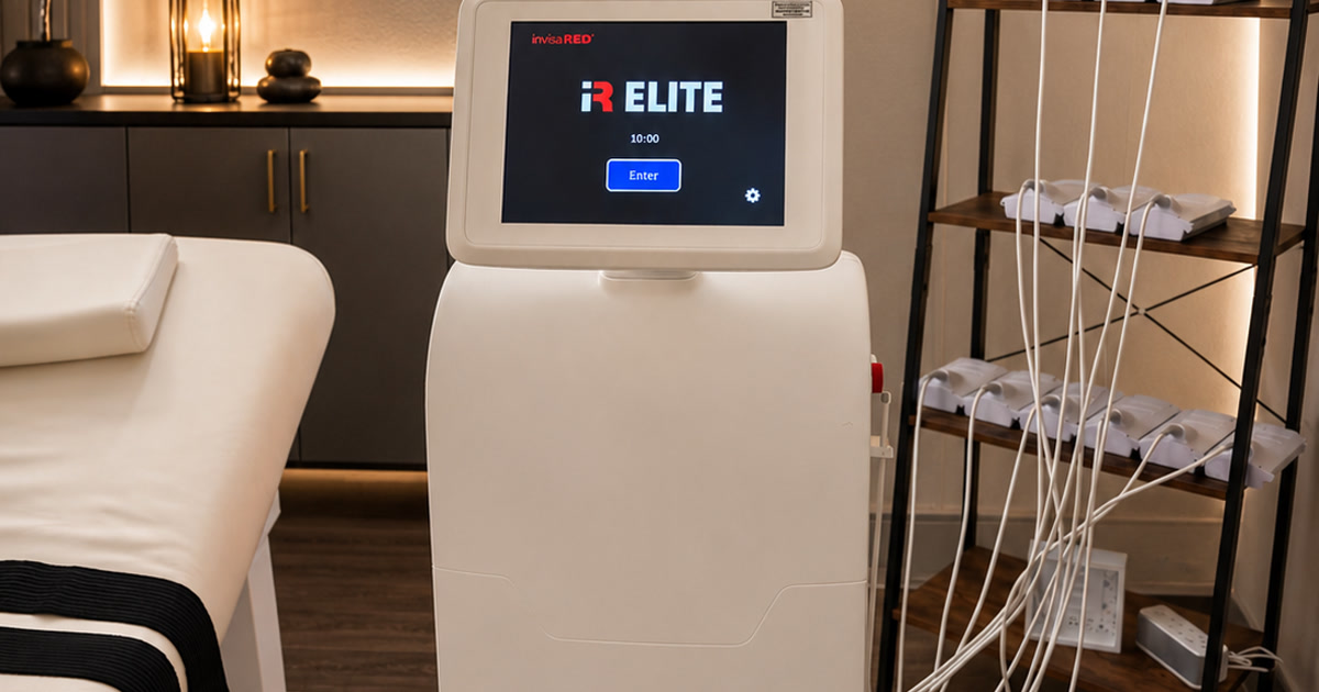 The InvisaRED iR Elite body contouring unit, treatment table and pad rack in the treatment room at Total Wellness Chiropractic in Bowie, MD