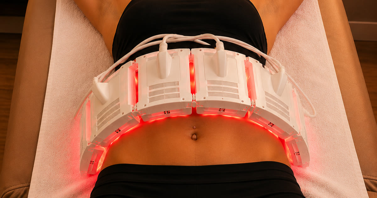 InvisaRED red light contact pads in place during a body contouring session, the service offered in Bowie, MD