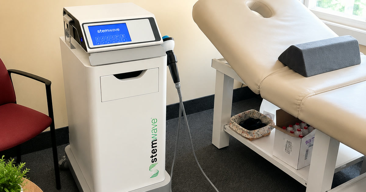 StemWave acoustic wave therapy unit in a treatment room at Total Wellness Chiropractic in Bowie, MD